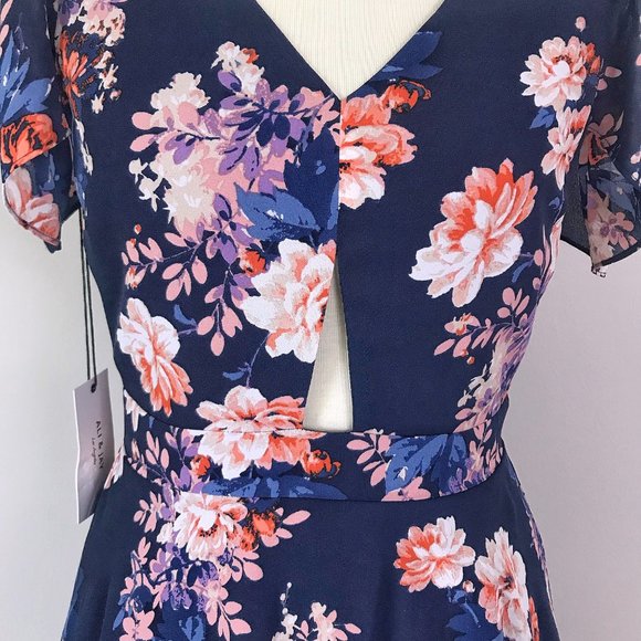 Ali & Jay Los Angeles Anthro Blue Floral Cutout Cold Shoulder Chiffon Mini Dress - Picture 3 of 16